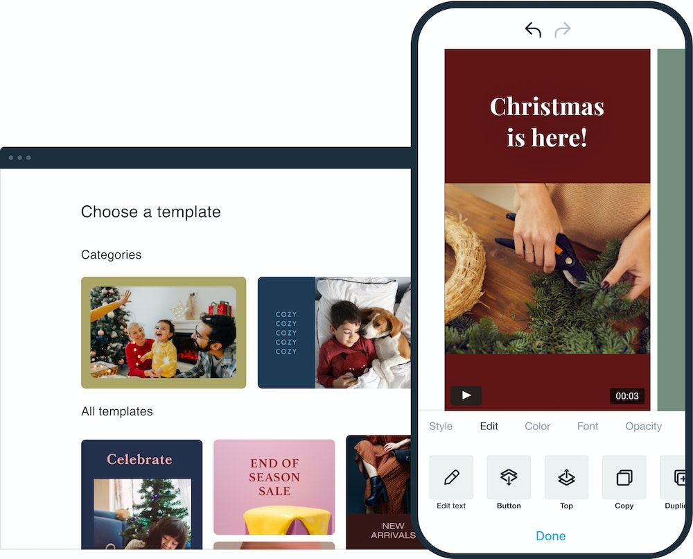 Image of Vimeo Create in both desktop and mobile, showing the Christmas video template options and customizations available. Text on the screen includes "Choose a template" and "Christmas is here!"