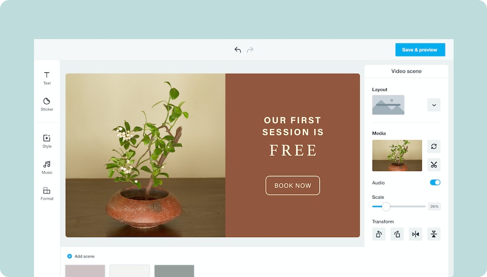 Image of the Vimeo Create interface of a wellness or health video. The video scene includes the visual of a flowering plant in a vase. To the right, the text on screen reads, "Our first session is free. Book Now."