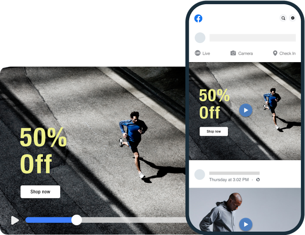 Mockup of a Facebook ad template of a man running and a 50% off shop now cta.
